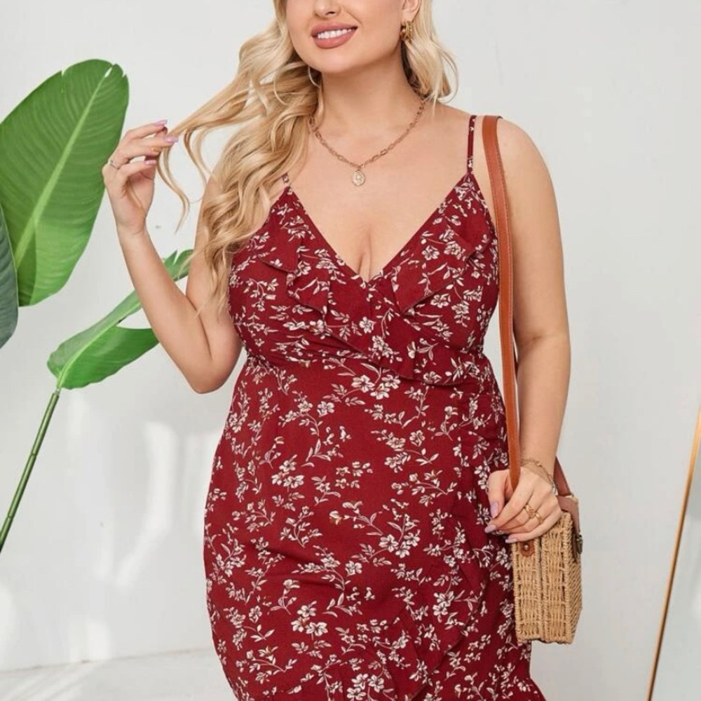 Red Floral Ruffle Trim Wrap Dress